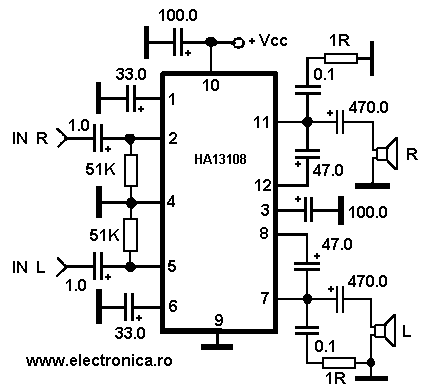 HA13108 power audio amplifier schematic