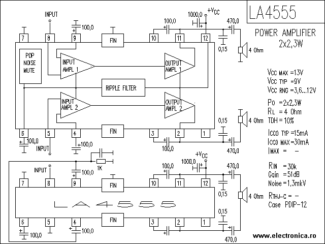 LA4555 power audio amplifier schematic