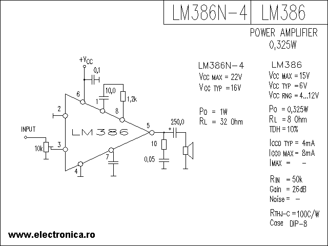 LM386 power audio amplifier schematic
