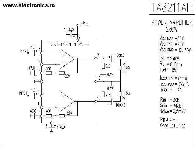 TA8211AH power audio amplifier schematic