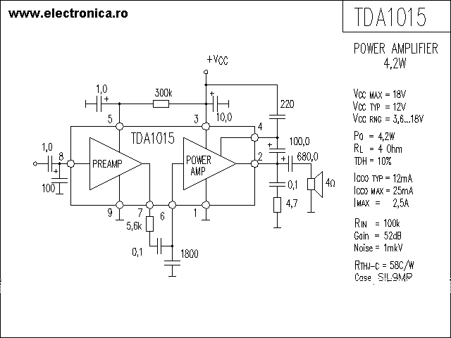 TDA1015 power audio amplifier schematic