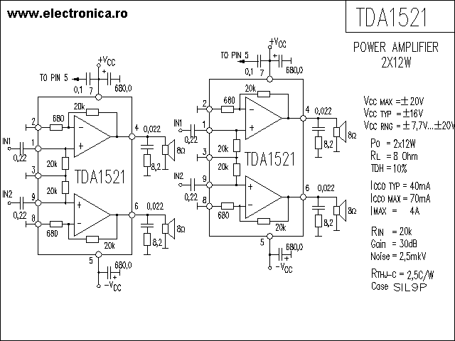 TDA1521 power audio amplifier schematic