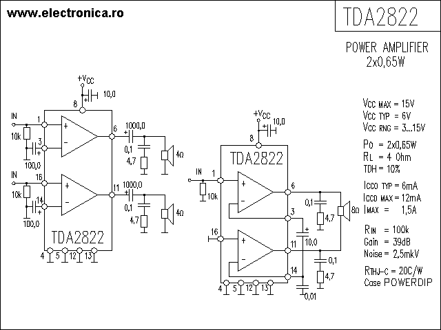 TDA2822 power audio amplifier schematic