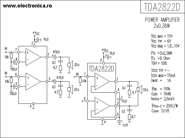 TDA2822D power audio amplifier schematic